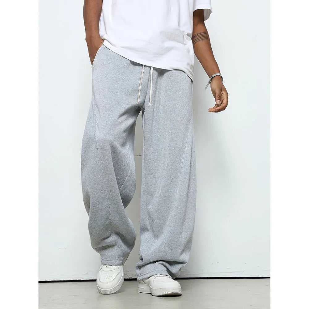 Men's straight leg casual trousers in polyester with drawstring waist in black, dark grey and light grey colours