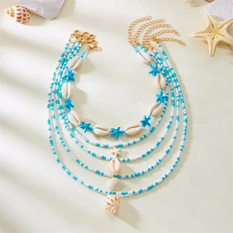 Five-layer starfish shell bead necklace with conch pendant in blue and multicolour options