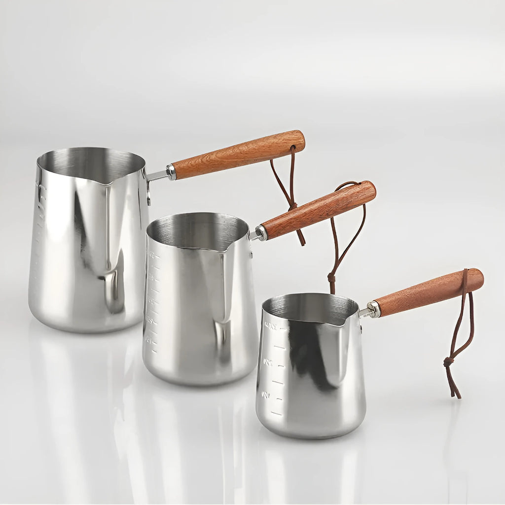 Stainless steel coffee milk pitcher with wooden handle for latte art in three capacity options