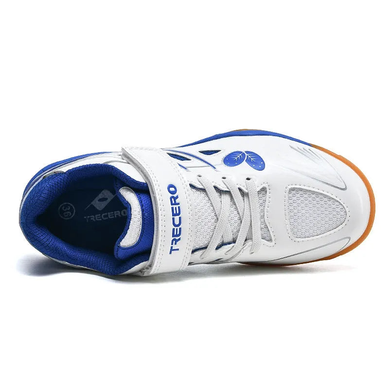 Breathable and non-slip lightweight badminton shoes in white and blue colour with low-top design and PVC rib sole