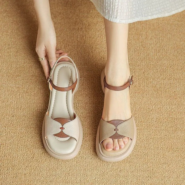 Women's khaki chunky heel platform open toe sandals with renewable leather upper