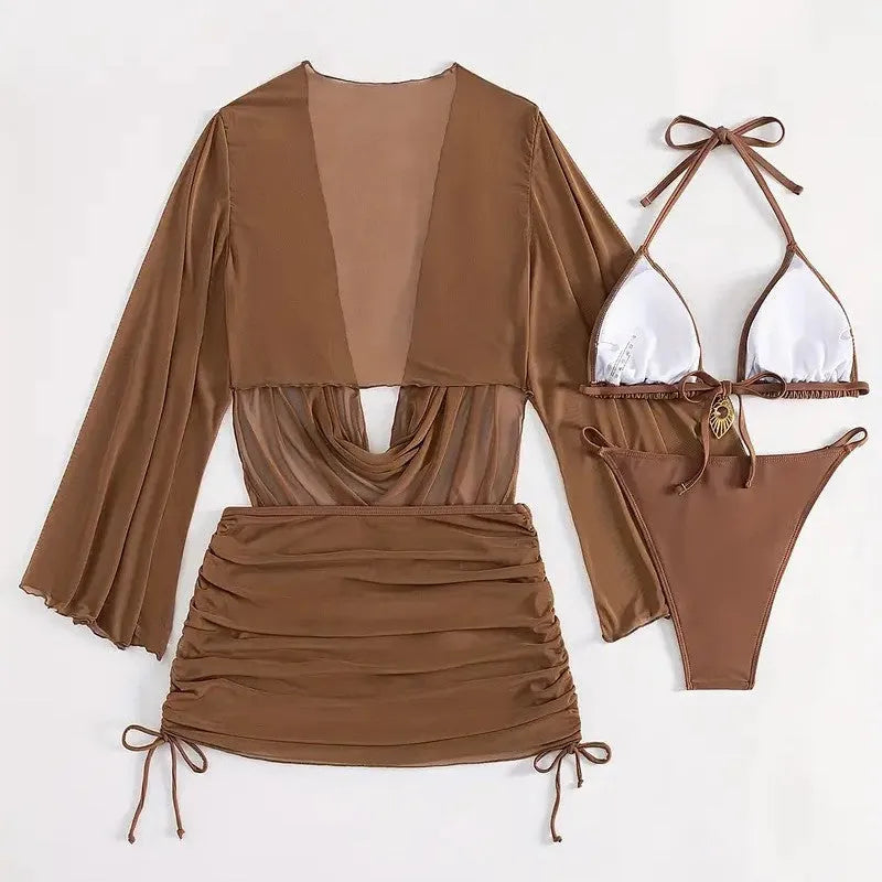 Women's lace-up bikini swimsuit set in dark brown or black with backless design