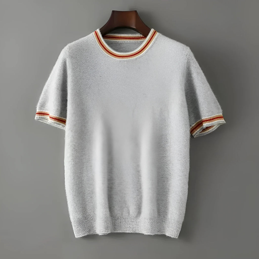 Men's round neck pure wool short sleeve sweater in white, grey and black colours