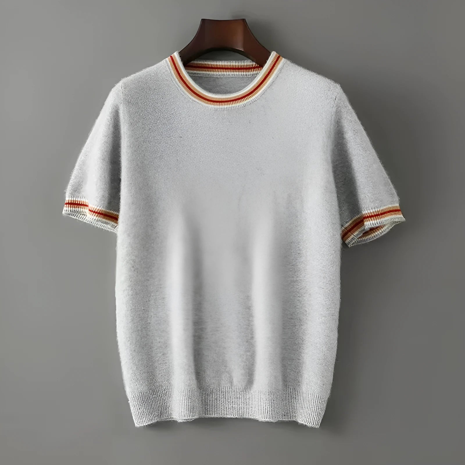 Men's round neck pure wool short sleeve sweater in white, grey and black colours