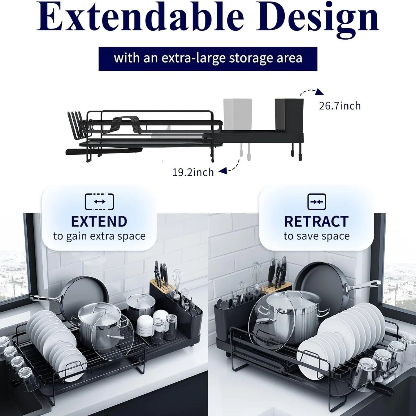 Retractable carbon steel dish rack in folded position for cutlery and cup drying