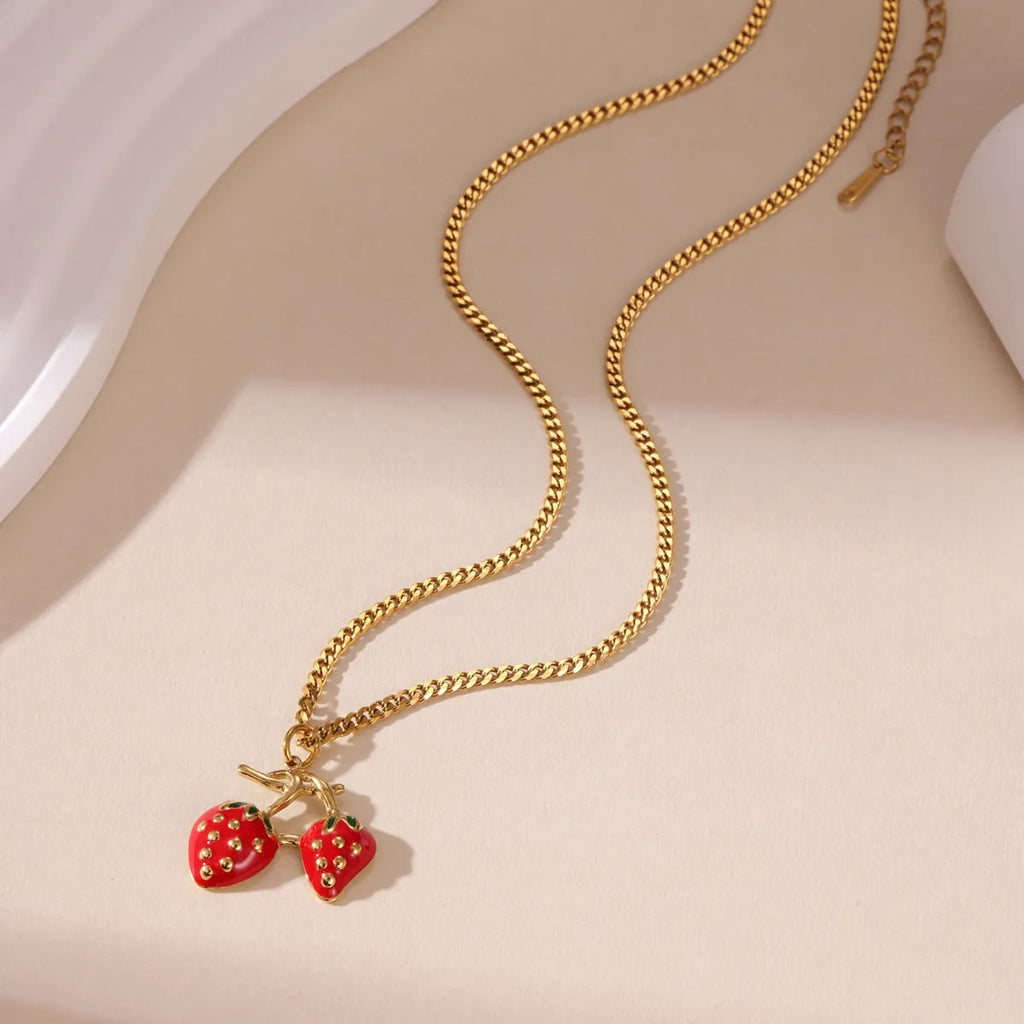 Stainless steel necklace with a strawberry fruit pendant in red or white gradient colour