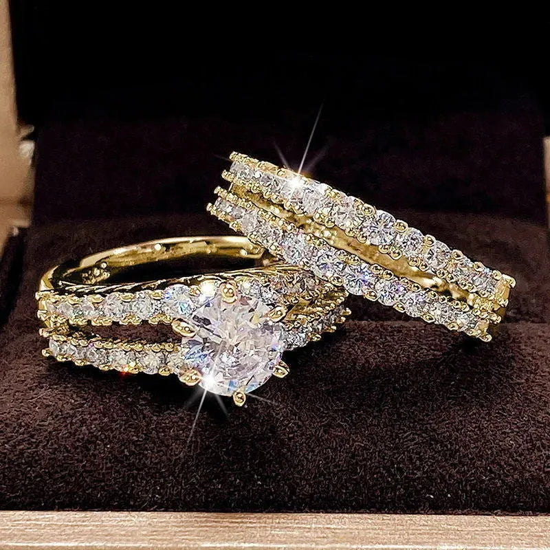 2-in-1 female ring set in alloy with fully jewelled design showing silver, gold, and rose gold colour options