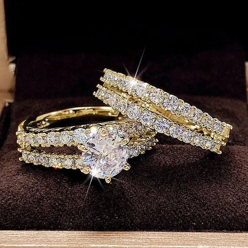 2-in-1 female ring set in alloy with fully jewelled design showing silver, gold, and rose gold colour options