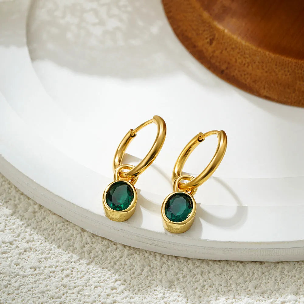 Women's copper oval zircon earrings in six colours including army green and emerald
