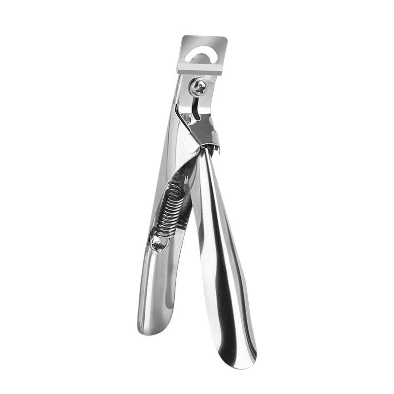 Close-up of stainless steel U-shaped nail art scissors in electrophoresis black finish.