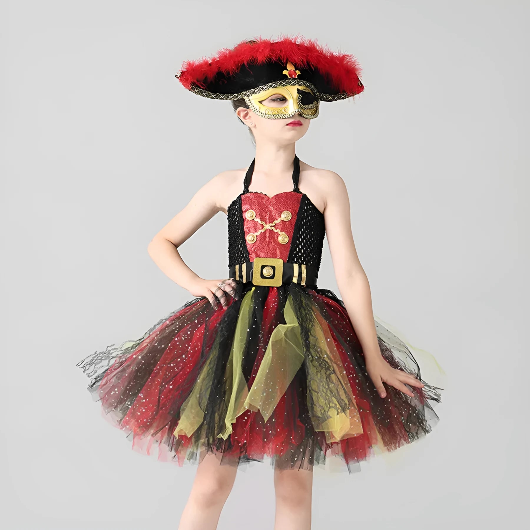 Girls sleeveless pirate costume dress with black sequins, red gauze mesh, and lace details on a black skirt.