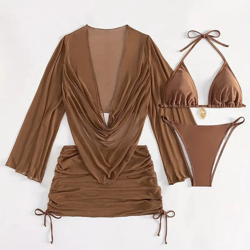 Women's lace-up bikini swimsuit set in dark brown or black with backless design