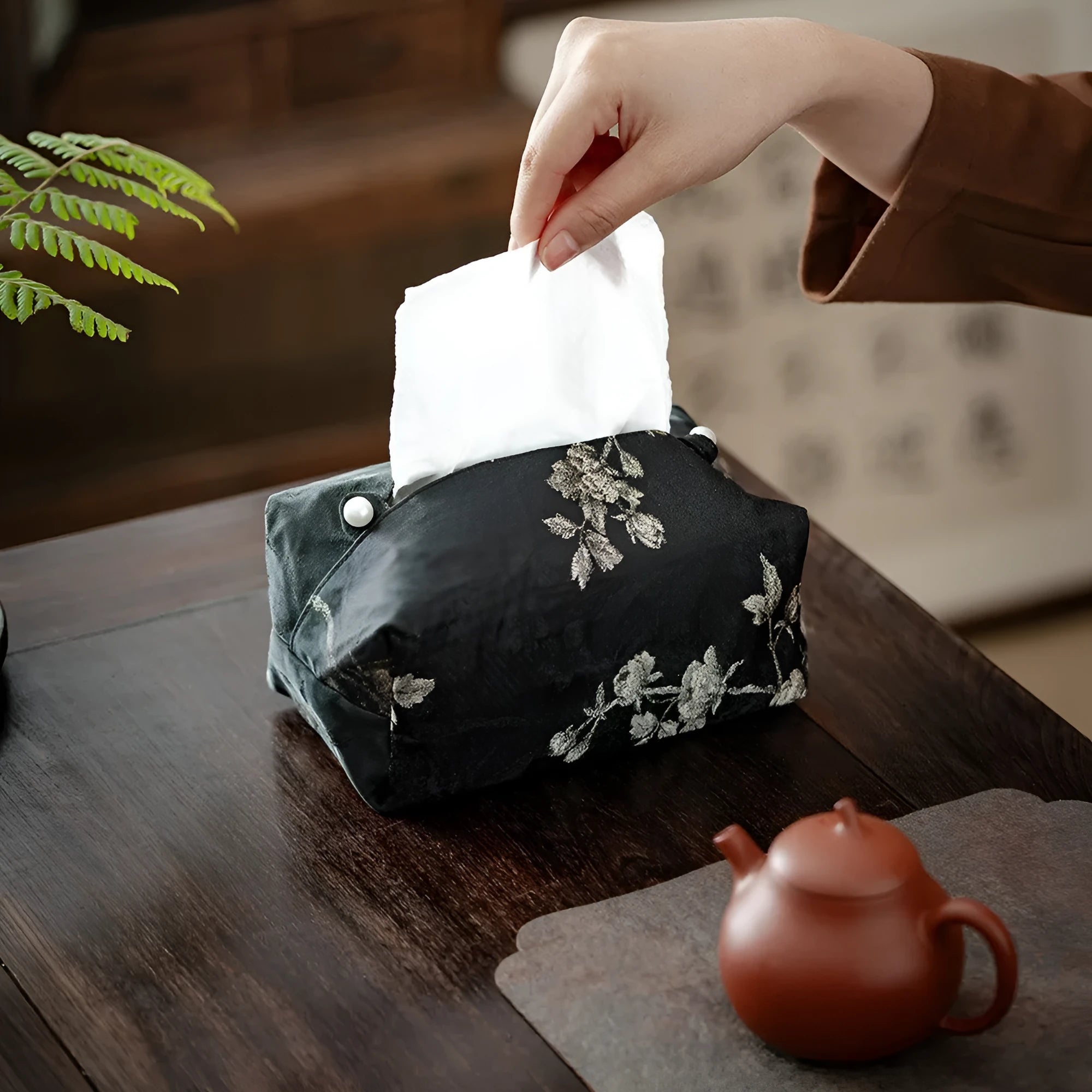 New Chinese style brocade fabric tissue box with embroidery white plum pattern