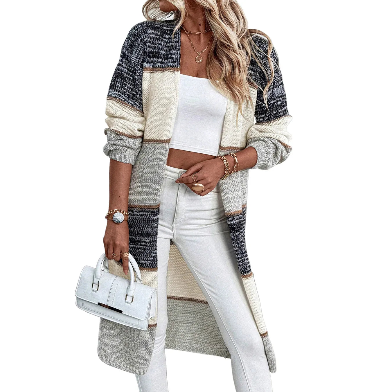 Grey women's knitted long cardigan with striped pattern, loose fit street fashion style