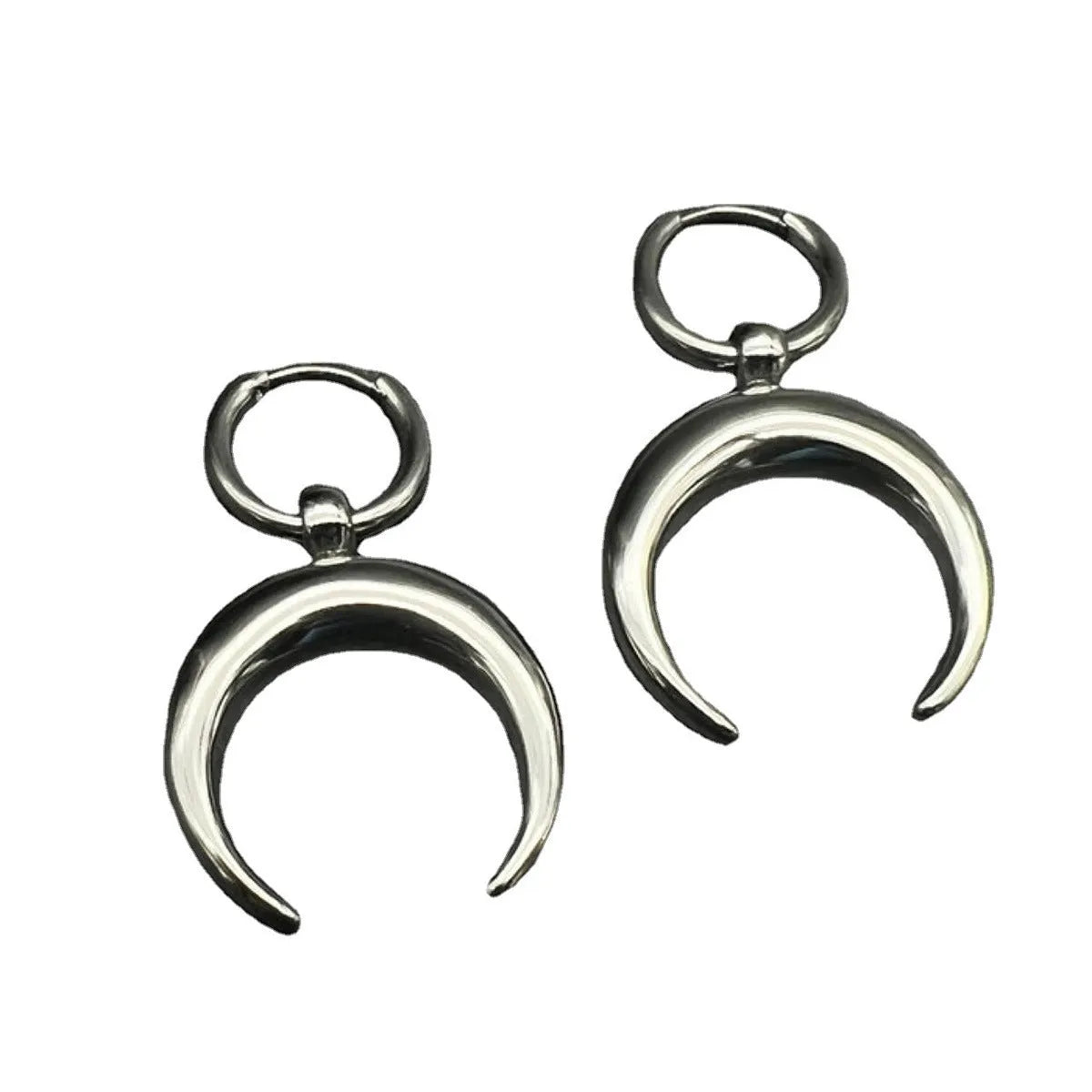 Silver vintage gothic moon big hoop earrings with geometric design and ear clip fastening