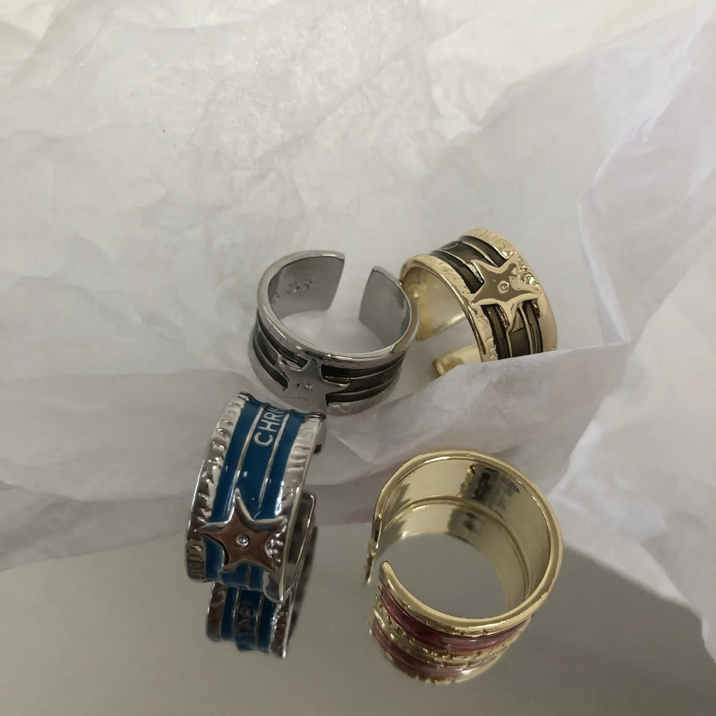 XINGX adjustable copper ring with distressed oil drop pattern and geometric lines in retro ins style