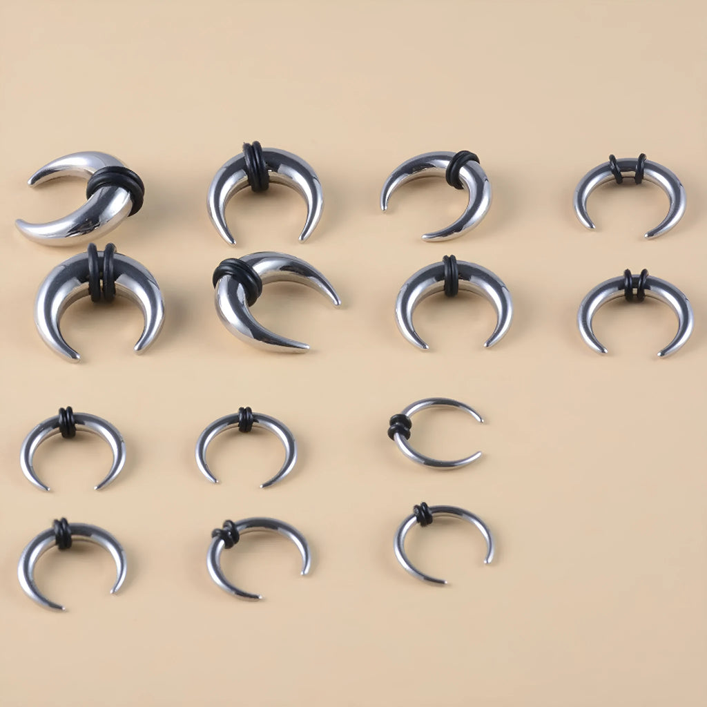 316 stainless steel C-shaped nose ring with buffalo horn geometric detail in black and steel colour.