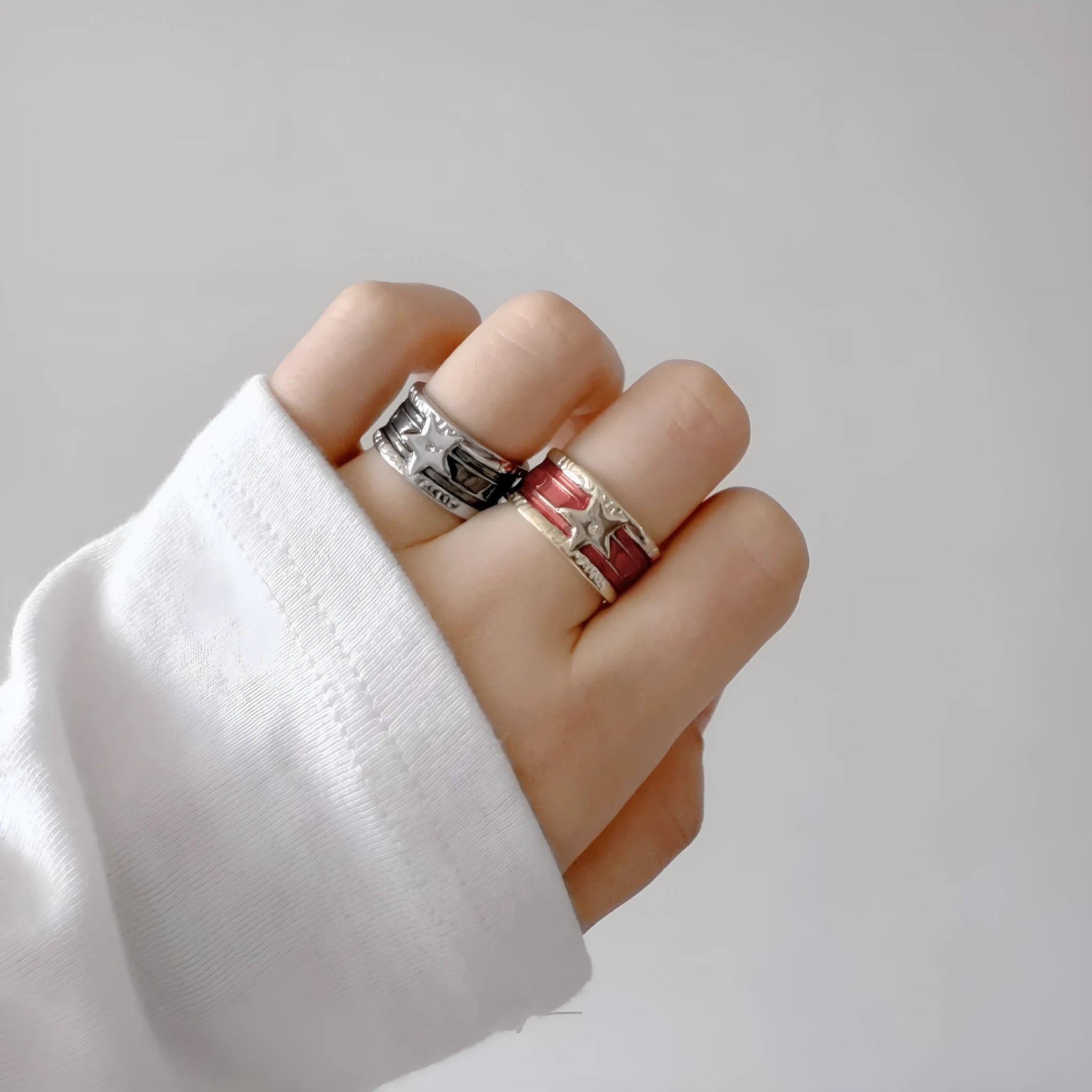 XINGX adjustable copper ring with distressed oil drop pattern and geometric lines in retro ins style