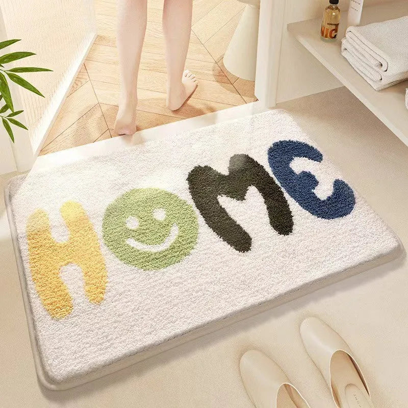Square rainbow pattern floor mat with sky and sea colours, plastic bottom resistant to dirt