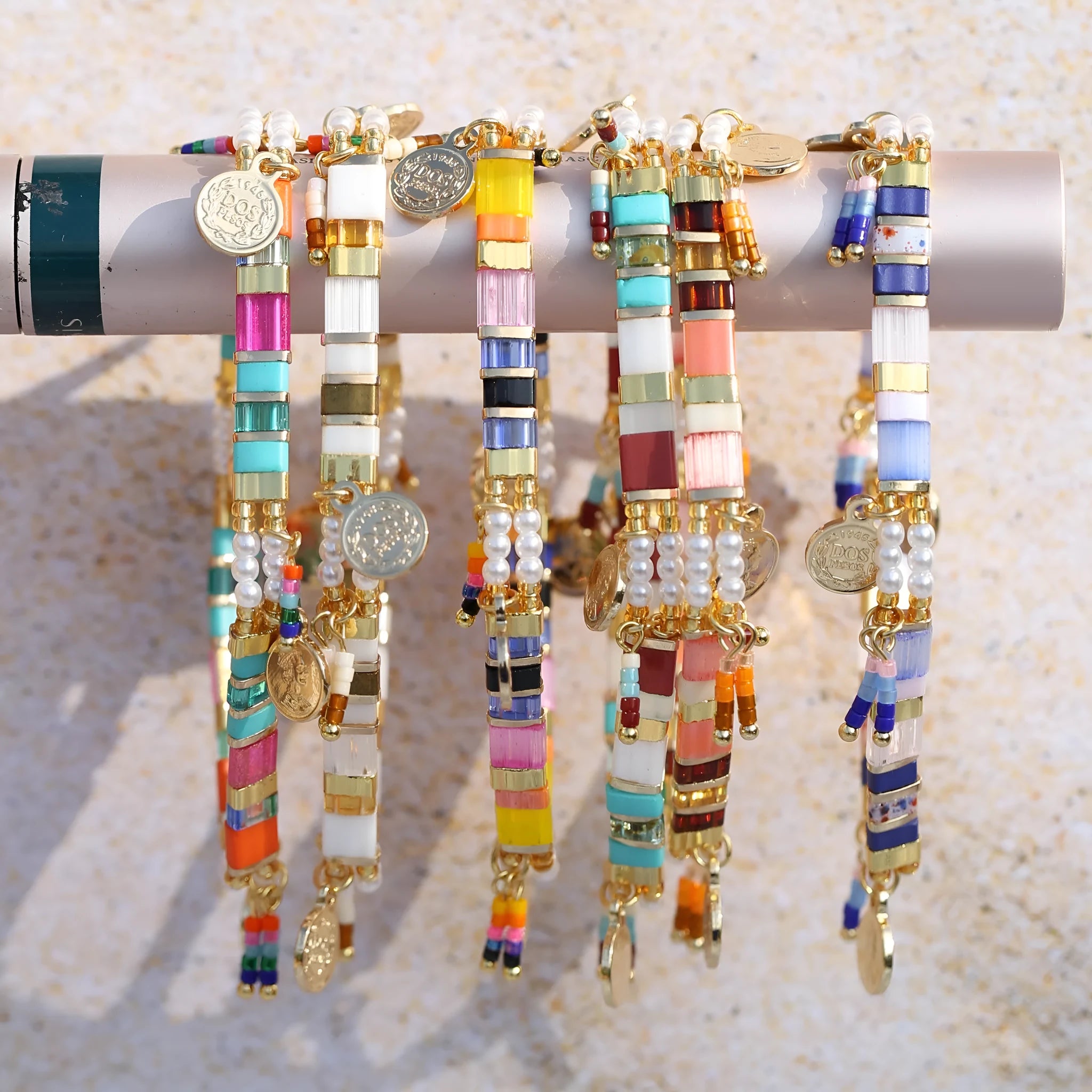 Women's handmade bracelet with imitation pearls and glass coloured beads in six colour options