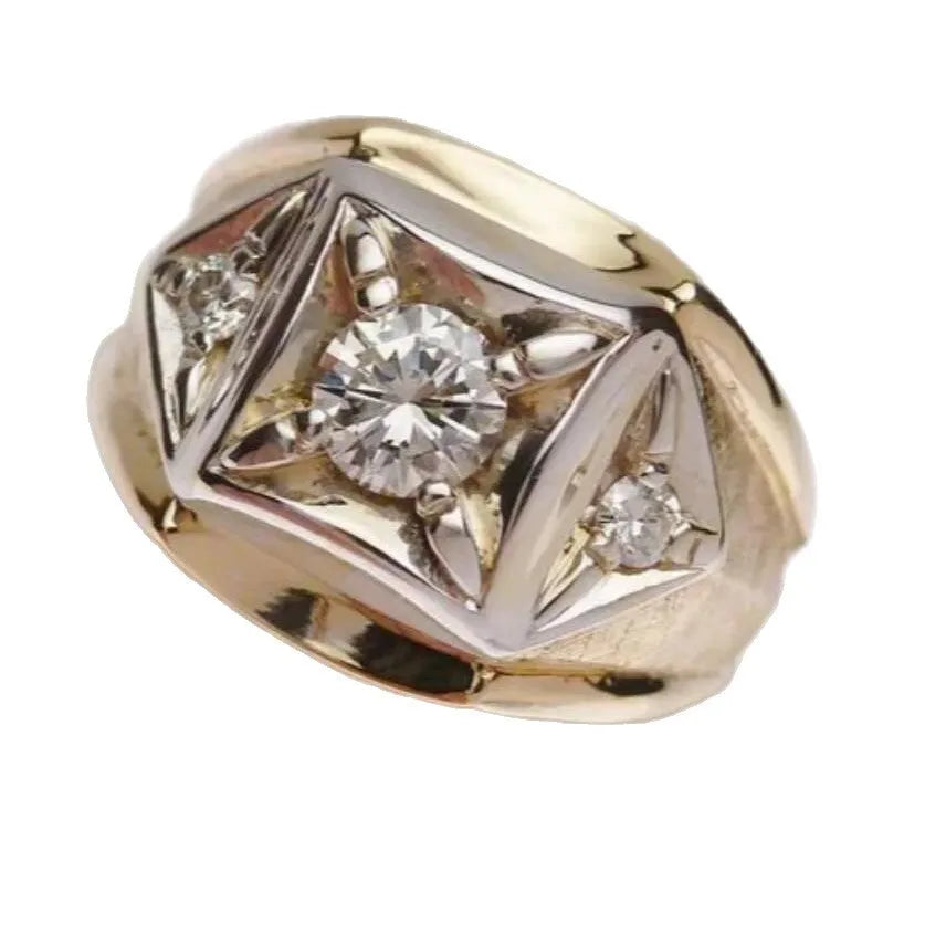 Gold geometric hollow couple rings with chamfering square pattern design on copper