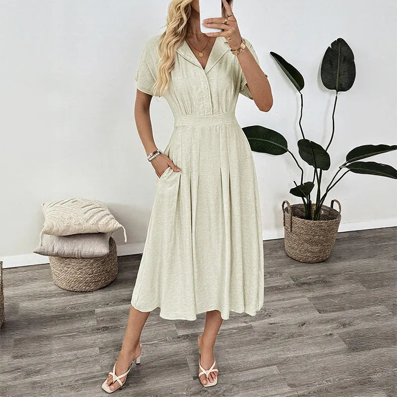 Lapel waist tight pocket shirt dress in light green twill polyester spliced basic style front view