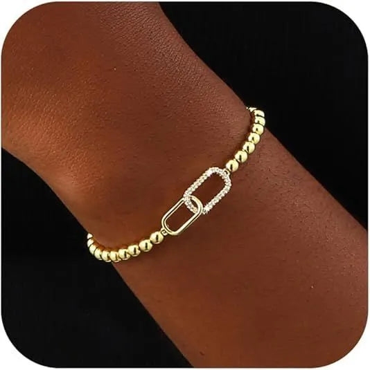 Adjustable stainless steel beaded bracelet with geometric round beads and sliding clasp