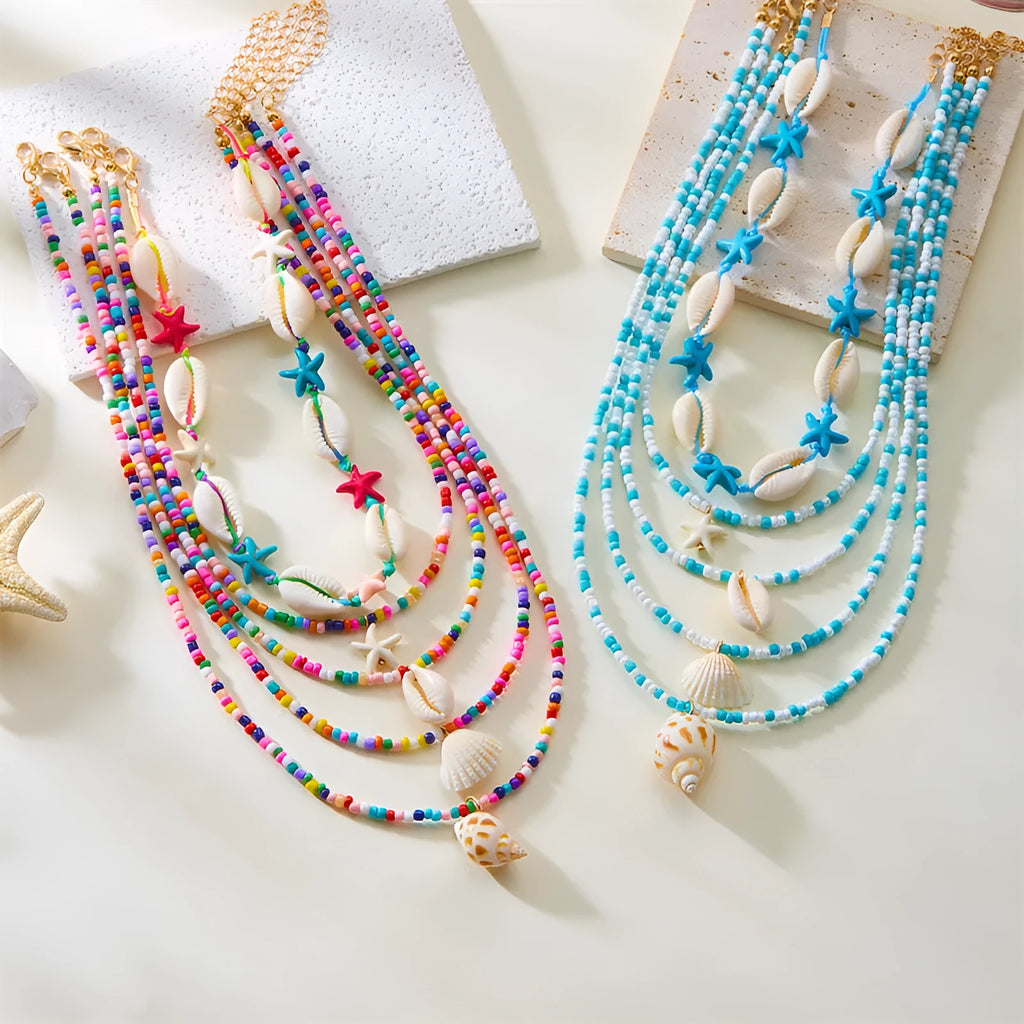 Five-layer starfish shell bead necklace with conch pendant in blue and multicolour options