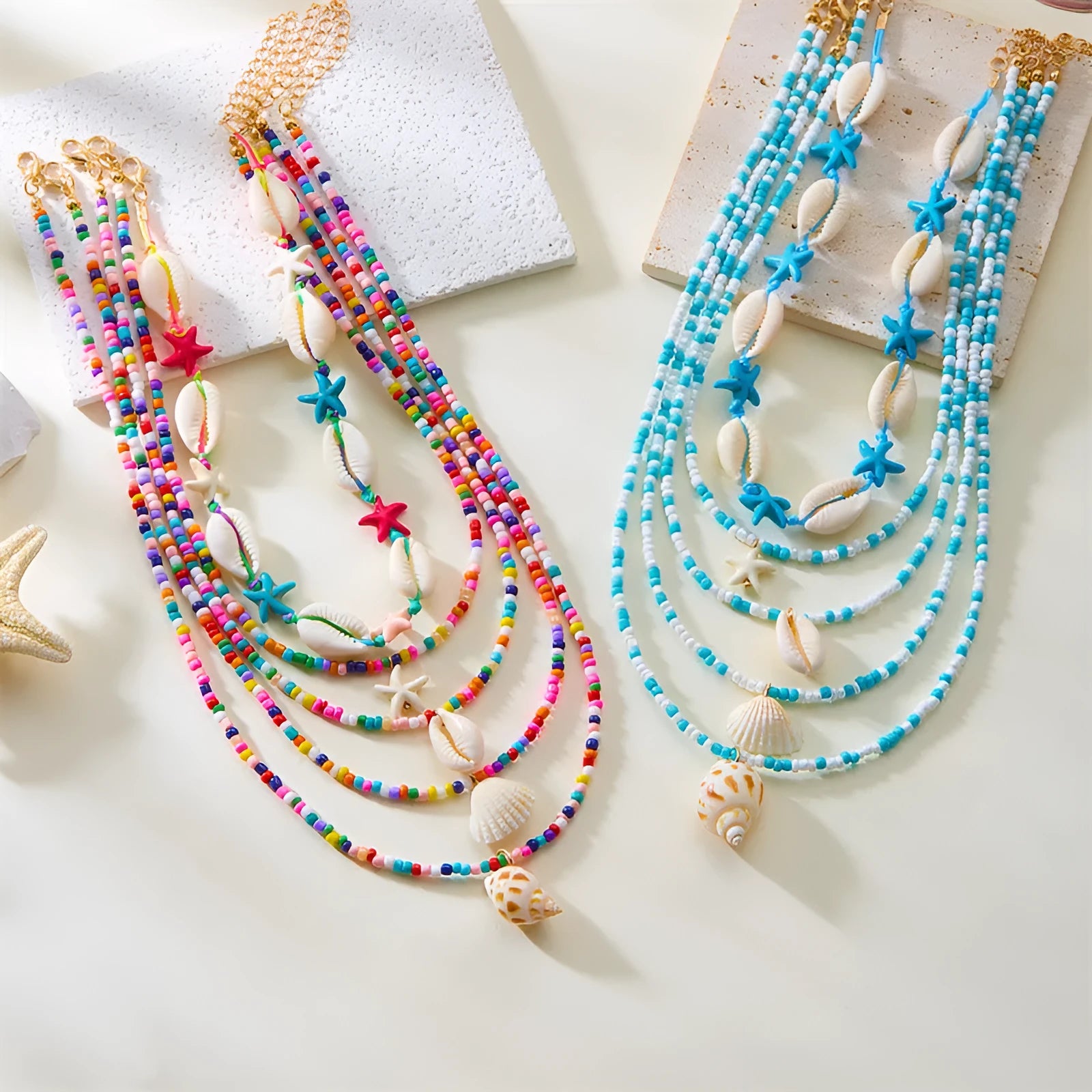 Five-layer starfish shell bead necklace with conch pendant in blue and multicolour options
