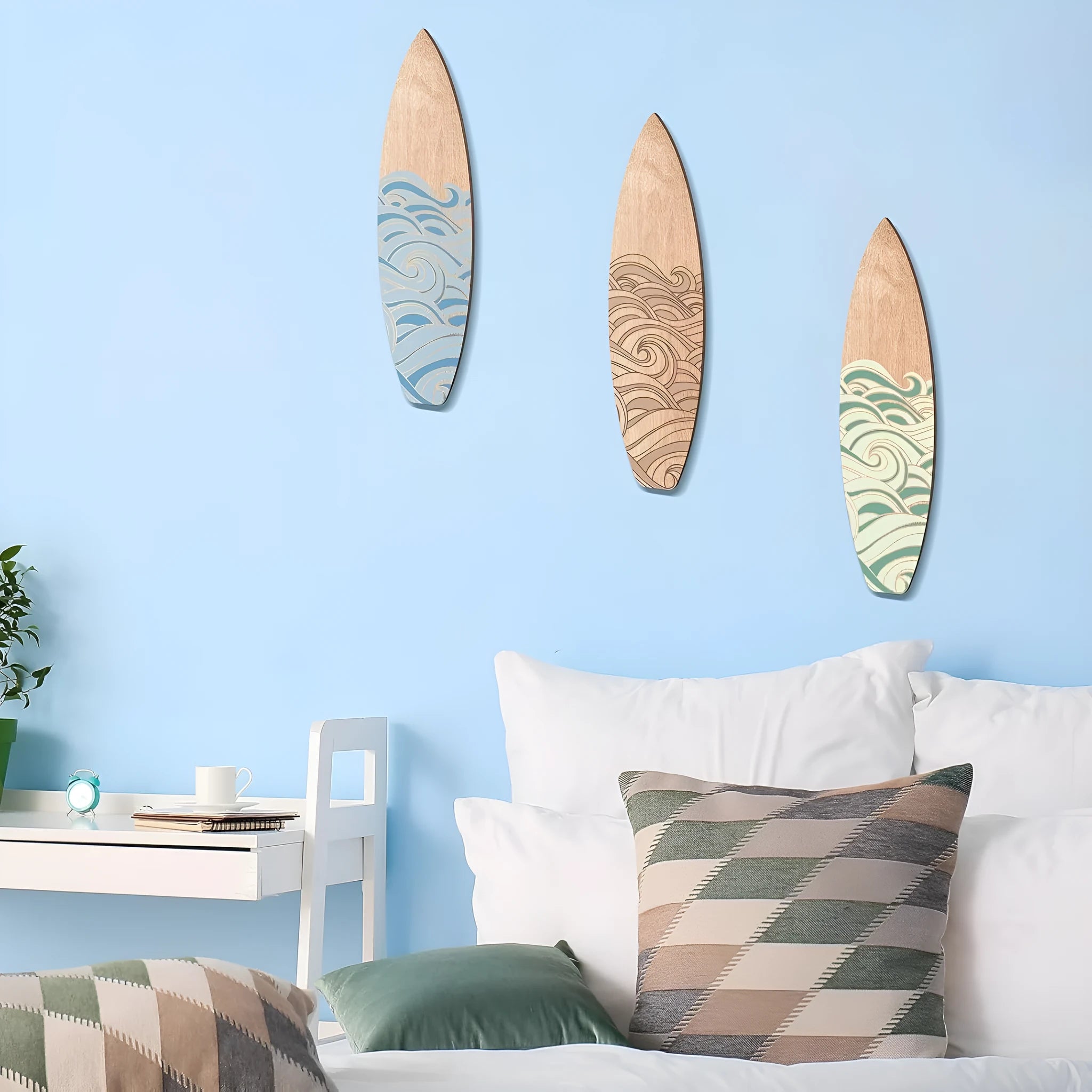Three wooden surfboard wall decorations made from boxwood, arranged in a row, European style, each 8.5x30cm