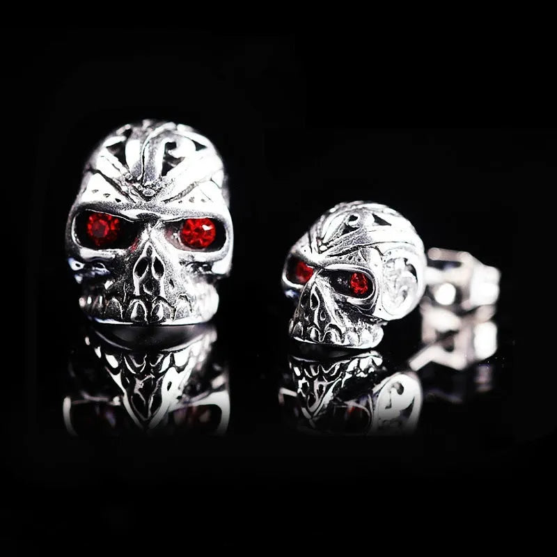 Retro red eye ghost head skull stud earrings with electroplated finish and alloy inlay detailing