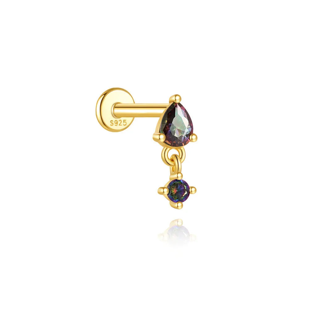 S925 sterling silver geometry earring with rainbow stone and flat head thread piercing post in a gold colour.
