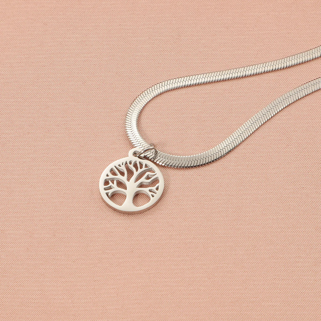 Stainless steel necklace with tree pendant on adjustable snake chain in gold colour