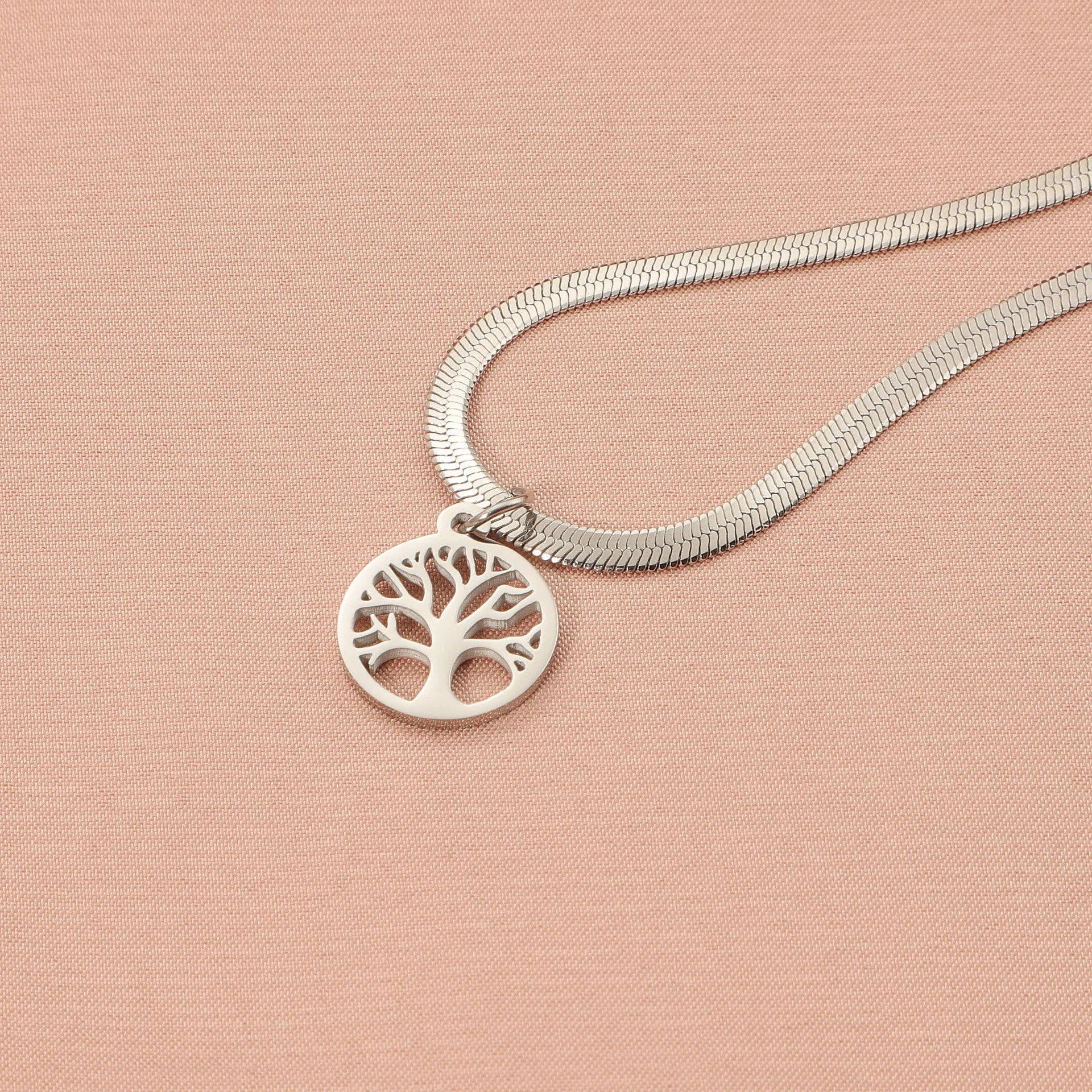 Stainless steel necklace with tree pendant on adjustable snake chain in gold colour