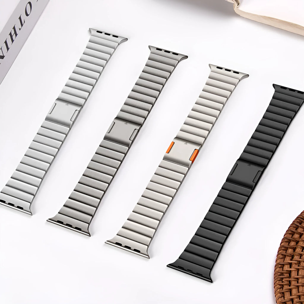 Magnetic buckle stainless steel Apple Watch strap in silver colour on 44mm watch case