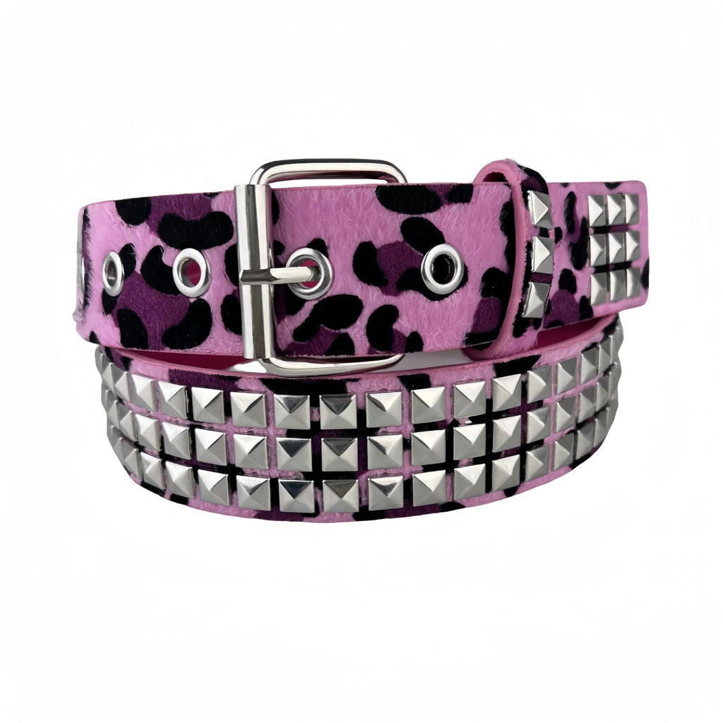 Punk style women's brown leopard print belt with metal rivets and an alloy buckle.