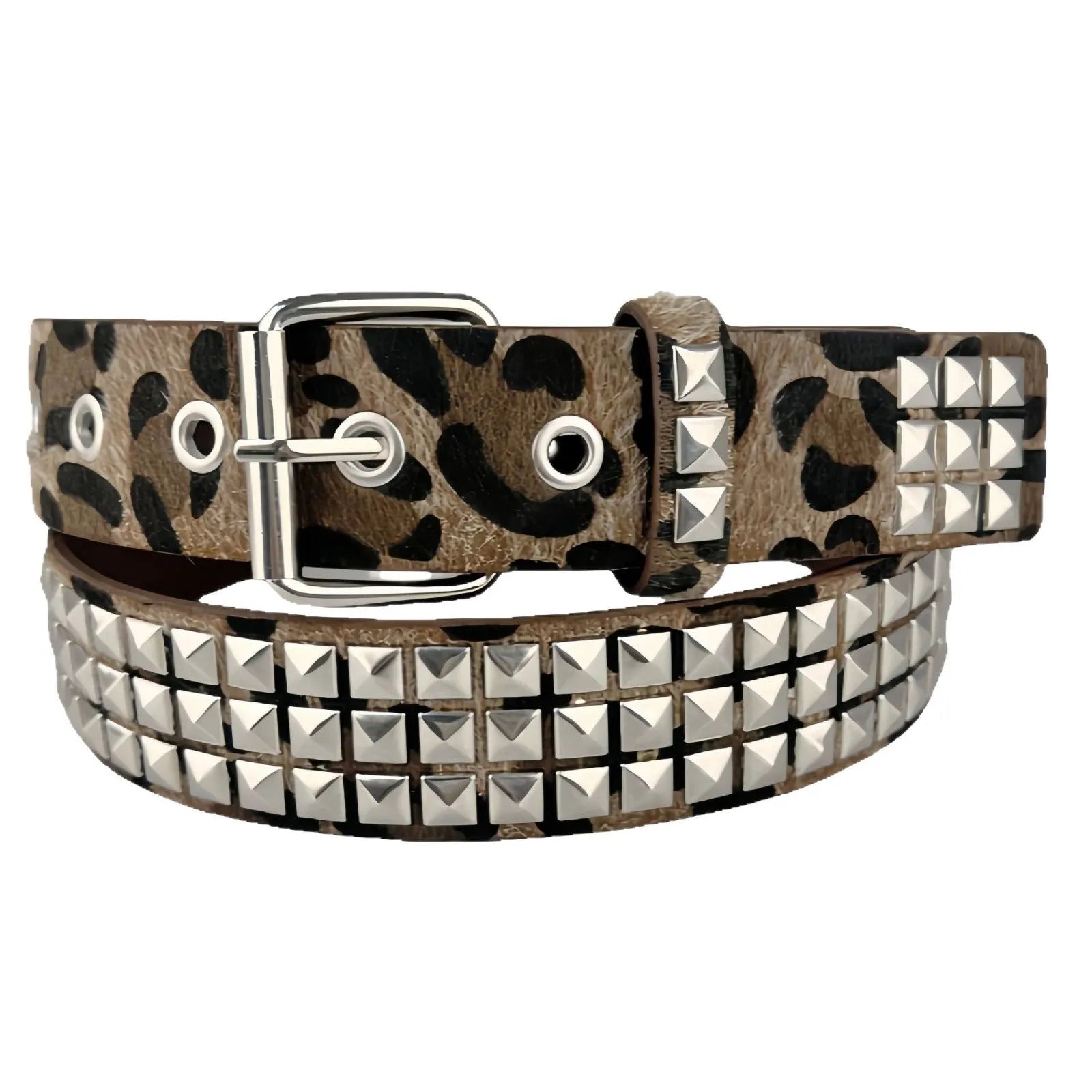 Punk style women's brown leopard print belt with metal rivets and an alloy buckle.