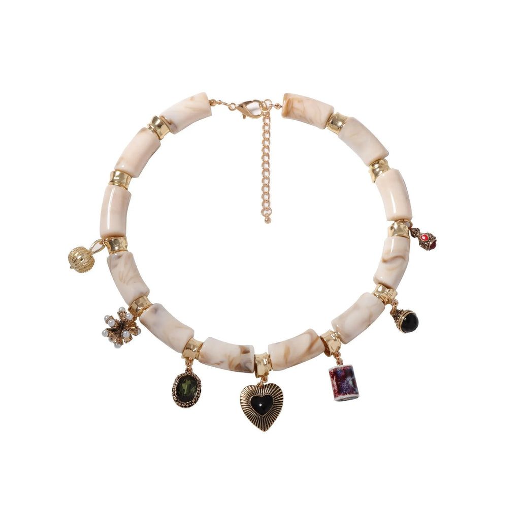 Heart-shaped resin bamboo pendant necklace with electroplated finish in picture colour