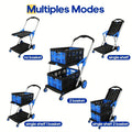 Foldable blue shopping trolley with double-layer plastic baskets, shown both assembled and collapsed.