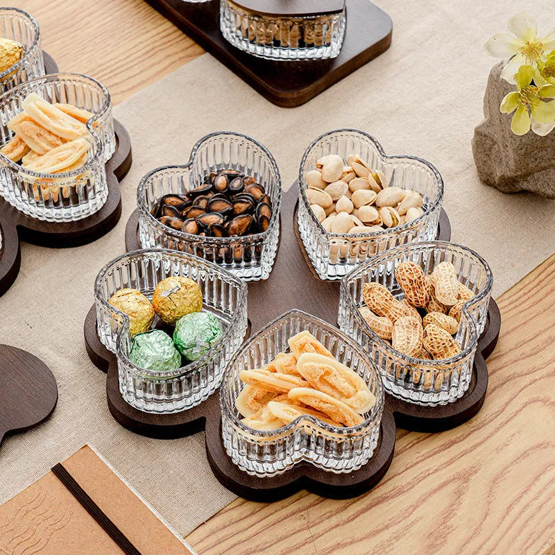 Glass dim sum plate with coloured glaze and transparent heart-shaped lids in multiple grid configurations
