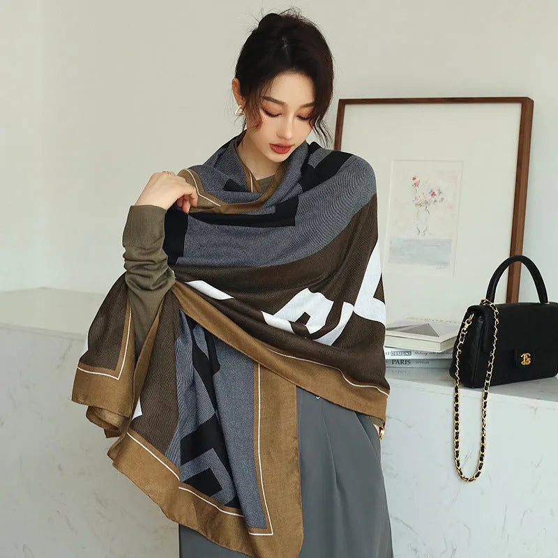 Polyester vintage print scarf in mid-length design for autumn travel warmth
