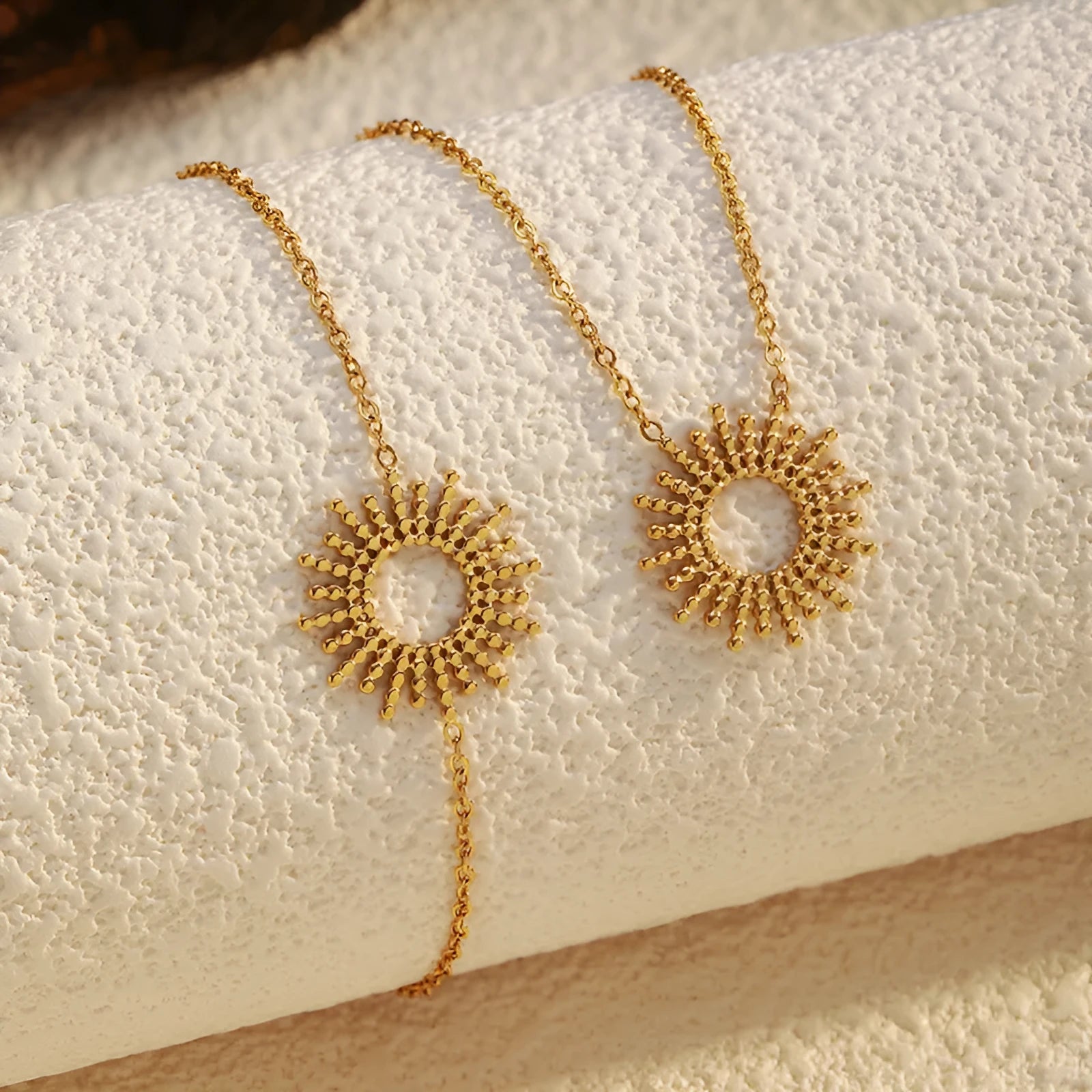 Gold sunflower necklace and bracelet set for women with geometric design