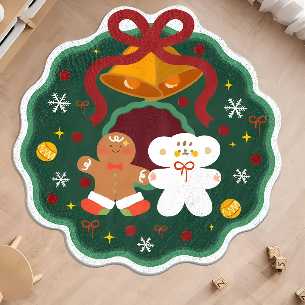 Round Christmas-themed floor mat with alien shape outline in cashmere-like finish