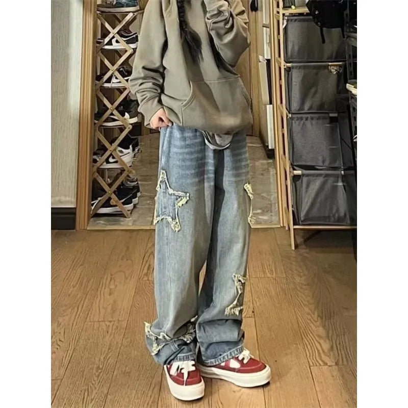 Women's washed blue straight-leg jeans with high-waist design and micro-elastic cotton denim