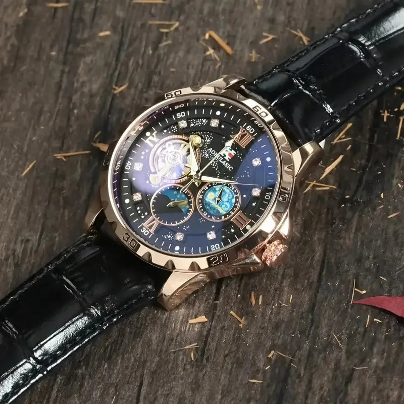 Men's automatic mechanical watch with hollow skeleton dial, black leather strap, rose gold case