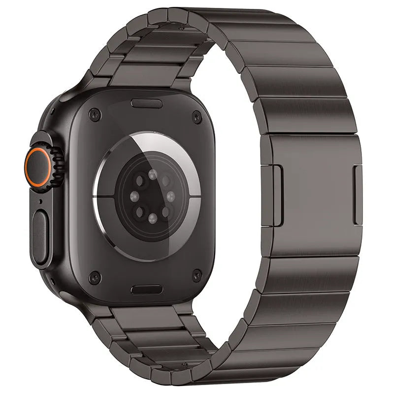 Magnetic buckle stainless steel Apple Watch strap in silver colour on 44mm watch case