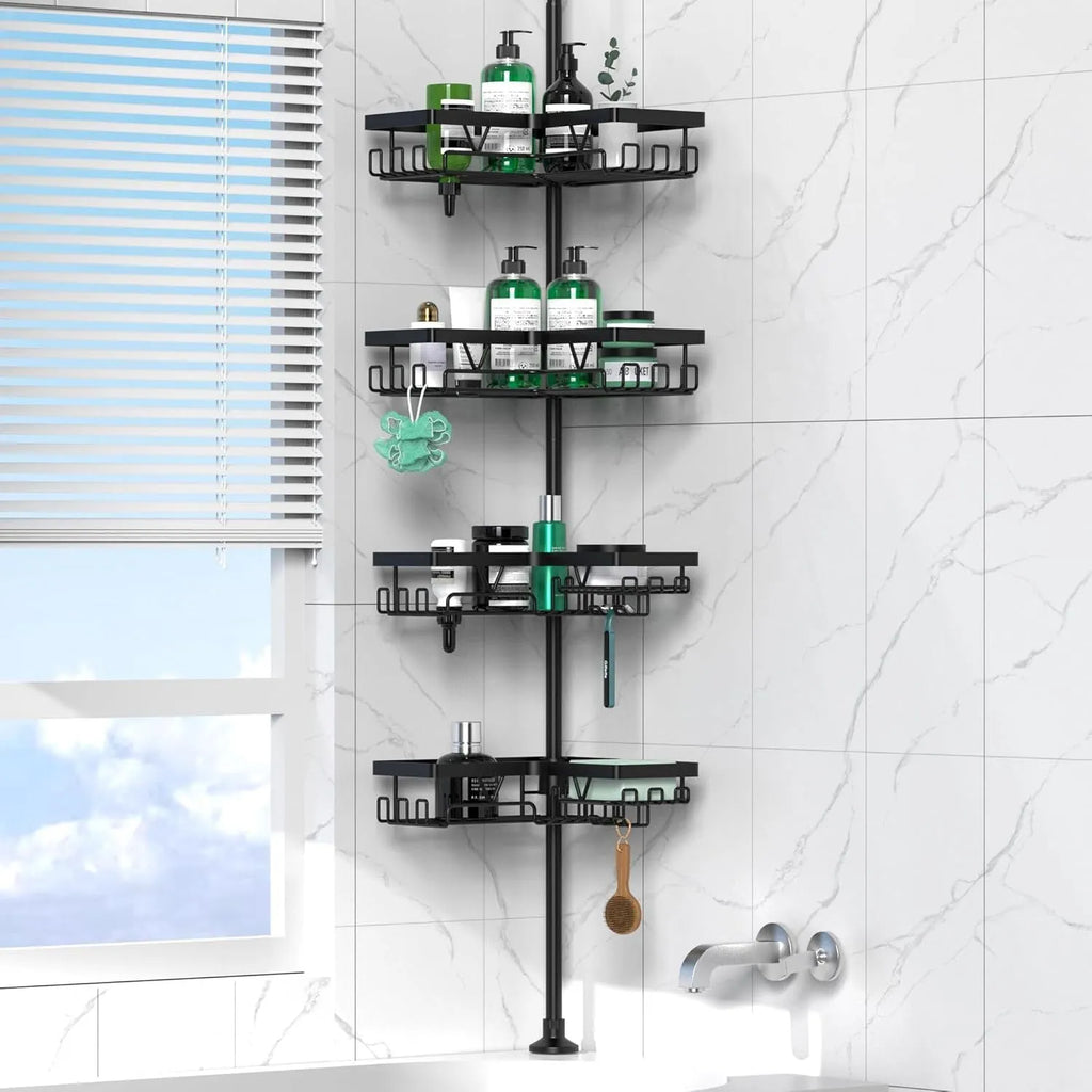 Hole-free retractable bathroom storage rack with four stainless steel layers