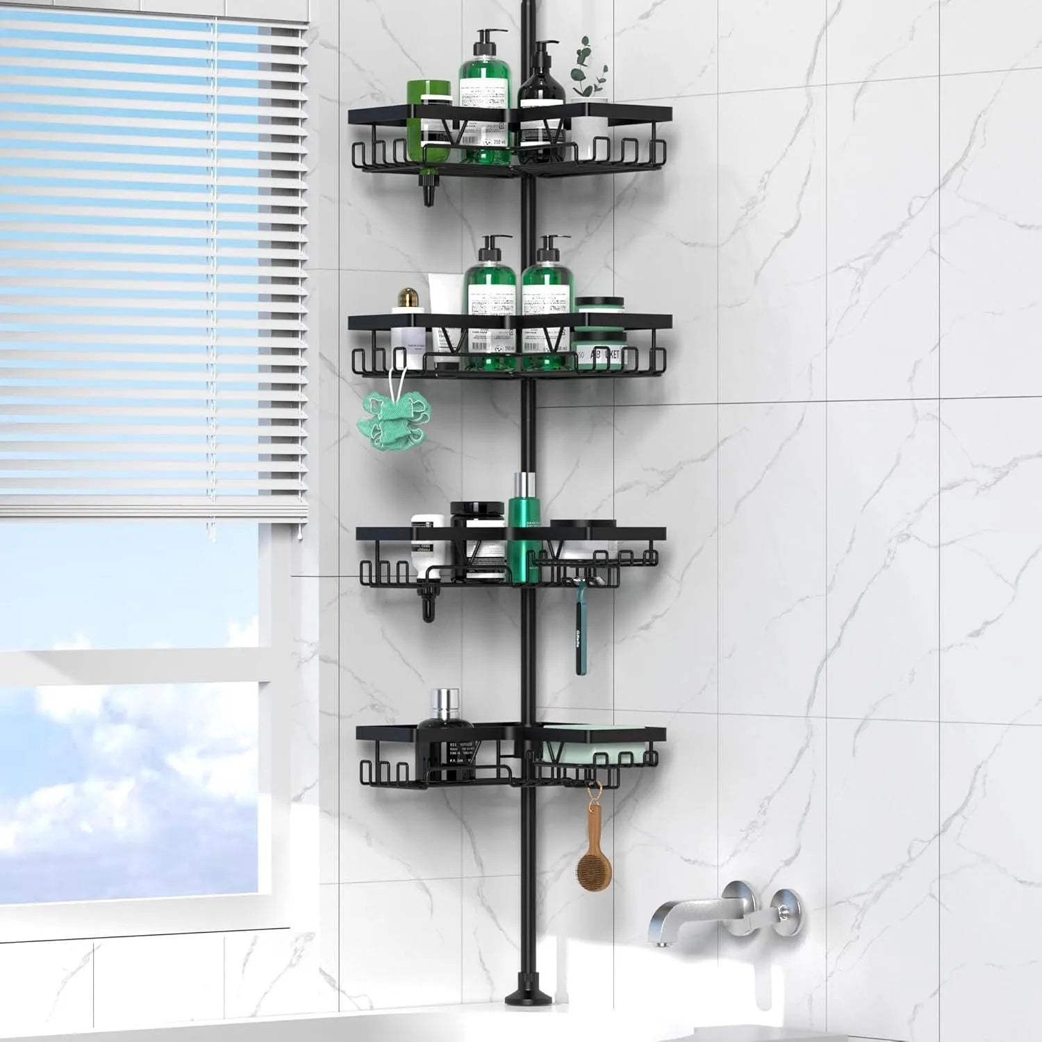 Hole-free retractable bathroom storage rack with four stainless steel layers