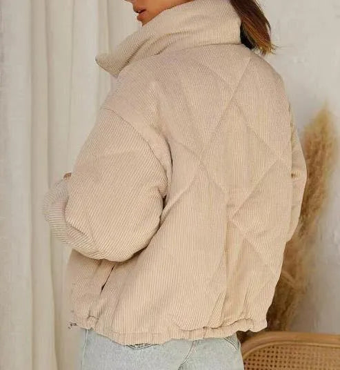 Women's apricot corduroy wadded jacket with stand collar and long sleeves