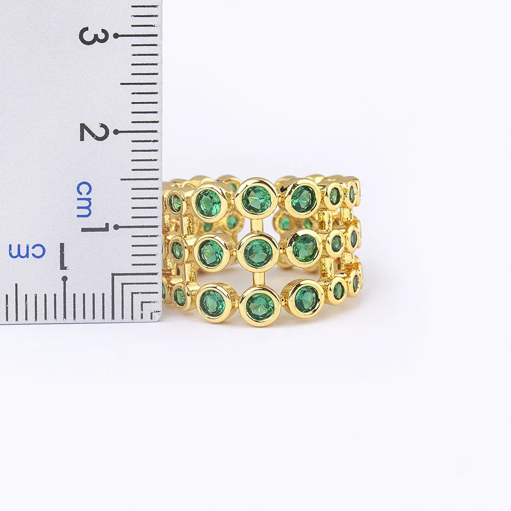 Wide band gold plated copper ring with green zircon stones, unisex jewellery accessory